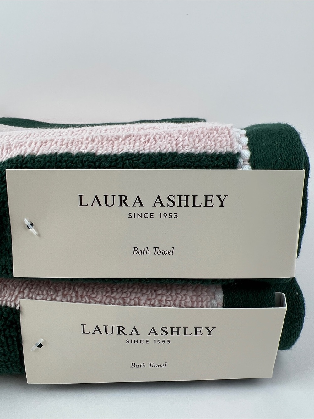 Laura Ashley Bath Towels Sunshine Stripe Pink Dark Green Soft Cotton 2 Pc NEW - Picture 3 of 8